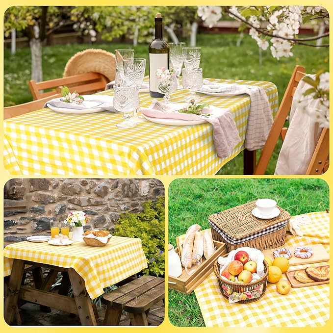 Kochorie 54 Inch x 300 Ft Light Yellow Checkered Plastic Table Cloth Roll Disposable Waterproof Table Cover Plastic Table Cover Roll with Easy Slide Cutter for Outdoor Picnic/Home Dining/Spring Party