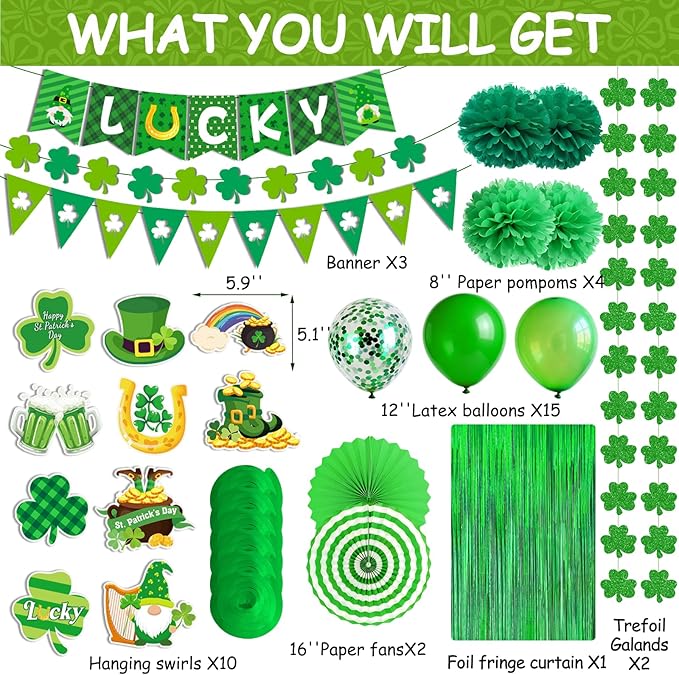 47Pcs St Patricks Day Decorations, St. Patrick's Day Decorations Kit Shamrock Lucky Banner Garlands Hanging Swirls Fringe Curtain for Home Irish St. Patrick's Day Decor