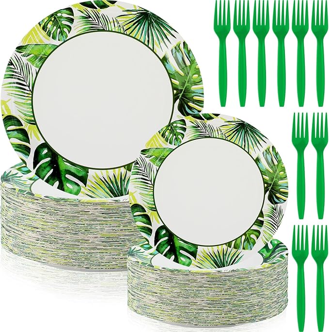 180 Pcs Summer Tropical Paper Plates and Forks Tropical Party Supplies 9'' Disposable Plates 7'' Paper Snack Plates Plastic Forks for Kids Birthday Hawaiian Beach Party Decorations, Serves 60
