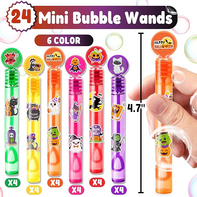 Halloween Party Favors for Kids – 24PCS Spooky-Themed Mini Bubble Wands, Great for Birthday Supplies, Piñata Fillers, Goodie Bags & Classroom Rewards
