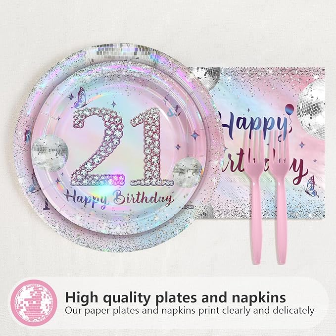 96Pcs 21st Birthday Party Decorations for Girls Plates and Napkins Iridescence Silver Pink 21st Tableware for Girls The Twenty-First Birthday Party Decorations Serve 24