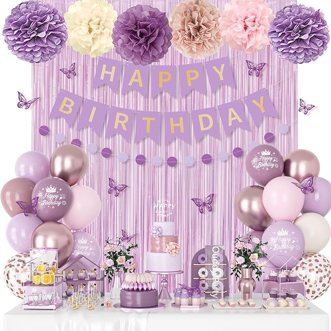Dusty Purple Birthday Decorations for Women Girls, Lavender Pink Sand Rose Gold Metallic Printed Balloons Butterfly Stickers Fringe Curtain Happy Birthday Banner Circle Dot Paper Pompom Party Supplies