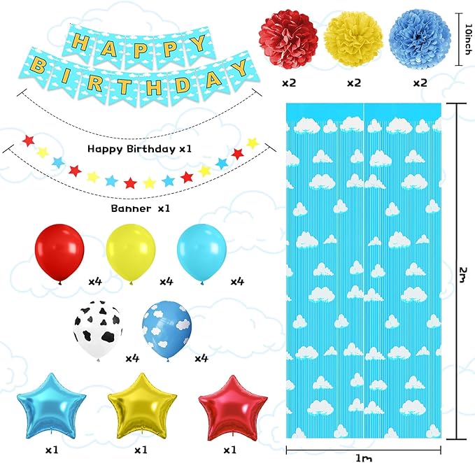 Red Yellow Blue Birthday Decoration,Blue Sky White Clouds Party Supplies,Include Balloons Happy Birthday Banner Fringe Curtain Tissue Paper Pompoms Garland