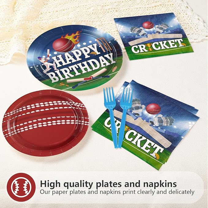 96Pcs Cricket Birthday Party Decoration Sports Theme Ball Plates and Napkins Blue Red Cricket Disposable Paper Tableware Set for Adults Kids Boys Girls Birthday Party Supplies Serves 24