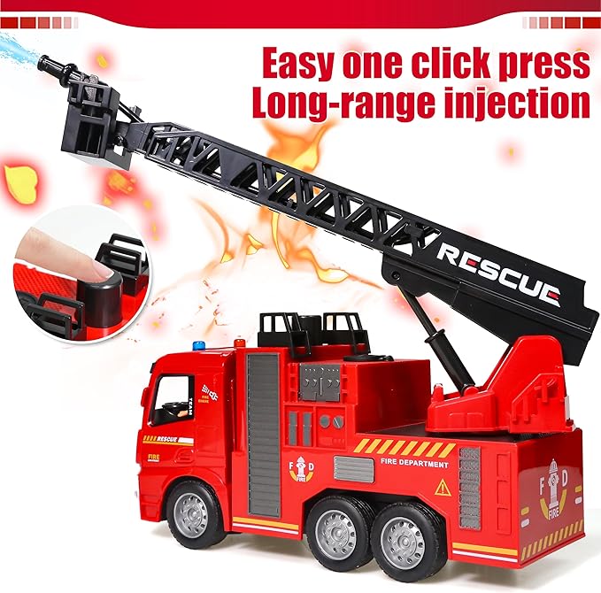 Remote Control Fire Truck Toy - Fireman Fire Truck with Jet Pump and Lights, Red Toy for 3 Year Old Boys, Girls and Toddlers