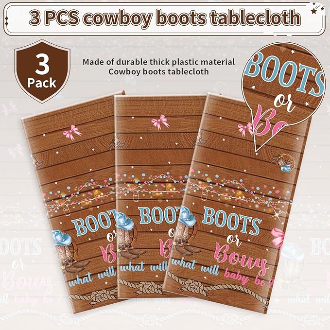 3Pcs Boots or Bows Gender Reveal Tablecloth What Will Baby Be He or She Table Cover Plastic Rectangle Blue or Pink Table Cloth for Western Cowgirl Cowboys Gender Reveal Party Supplies 54" x 108"