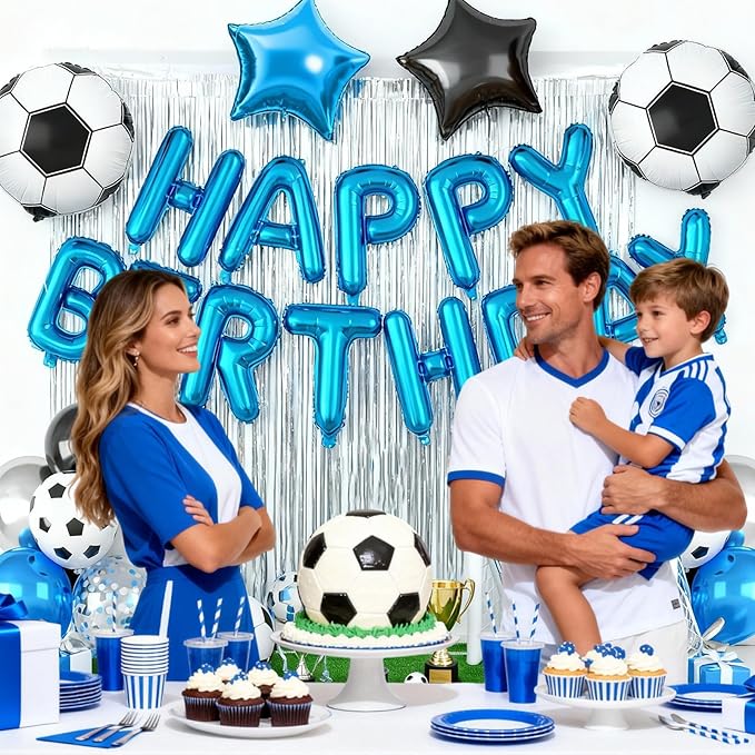 29PC Soccer Happy Birthday Balloon Banner, 16Inch 3D Aluminum Letter Banner Sign, Metallic Blue and Silver Confetti Balloon 18 Inch Black Blue Star Foil Balloons for Soccer Party Decorations