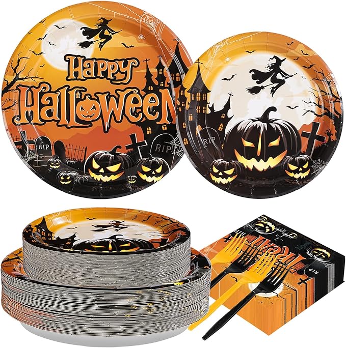 200PCS Halloween Party Supplies Set with Trick Treat Witch and Pumpkin Design Includes Disposable Halloween Plates Napkins and Forks for Spooky Party Decorations
