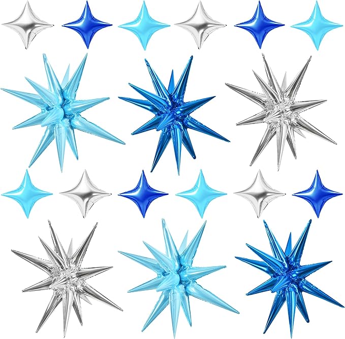 TONIFUL 18Pcs 22Inch Blue Silver Large Explosion Star Mylar Balloons and 10Inch Four Pointed Star Balloons Set for Christmas New Year Birthday Wedding Bridal Shower Anniversary Photo Booth Supplies