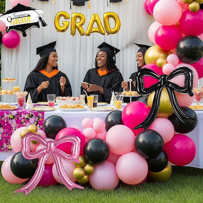 Pink and Black Balloon Garland Arch Kit Include Bow balloons grad letter balloons for 2025 Graduation Birthday Wedding Baby Shower Anniversary Bachelorette Bridal Party Decorations