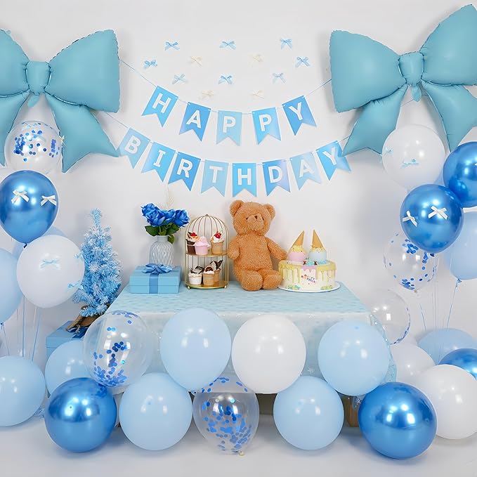 Blue Bow Birthday Decorations, Blue Happy Birthday Banner with Satin Ribbon Mini Bows Decor, White and Clear Balloons and Bow Foil Balloon for Girls Birthday Bows Theme Party Supplies