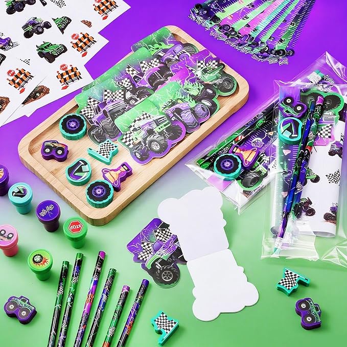 Cholemy 144 Pcs Monster Truck Party Favors Truck Party Supplies School Stationery Set Notebook Sticker Stamper Eraser Ruler Pencil Bag for Birthday Baby Shower Gifts Classroom Prize (Purple,Monster)