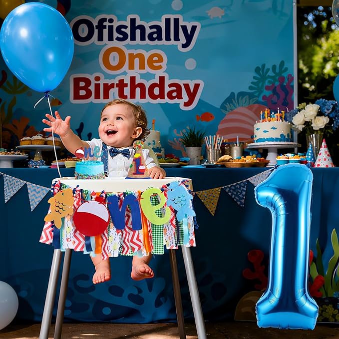 Ofishally Highchair Banner for Baby First Birthday Party Decorations Gone Fishing High Chair Tassel Garland Banner Ofishally One Birthday Party Fabric Banner for Boy 1st Bday Photo Props Backdrop Decors