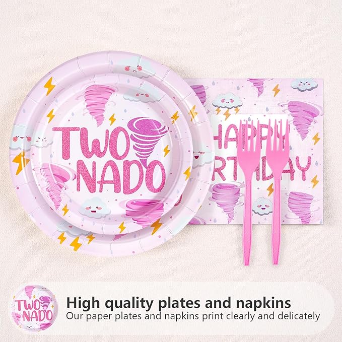 Grencian 96Pcs Two Nado Party Supplies Pink Tornado 2nd Birthday Plates and Napkins Tableware Sets Two Nado Party Decorations Favors for Girls Baby Shower 2 Year Old Birthday Supplies Serves 24