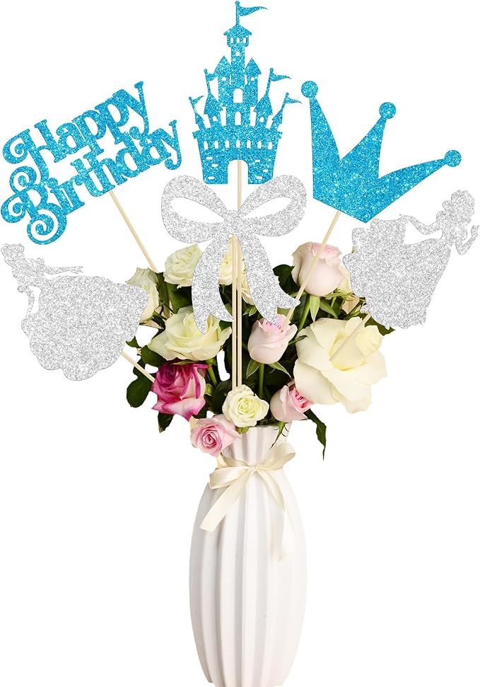 Gyufise 12Pcs Princess Centerpiece Sticks Birthday Bowknot Castle Birthday Table Flower Centerpieces Sticks Crown Bow Party Decorations for Bridal Shower Birthday Wedding Party Supplies Blue