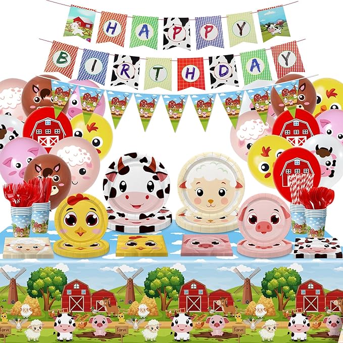 Farm Birthday Decorations -181 Pcs Farm Birthday Party Supplies serves 20, Farm Animal Tableware Set