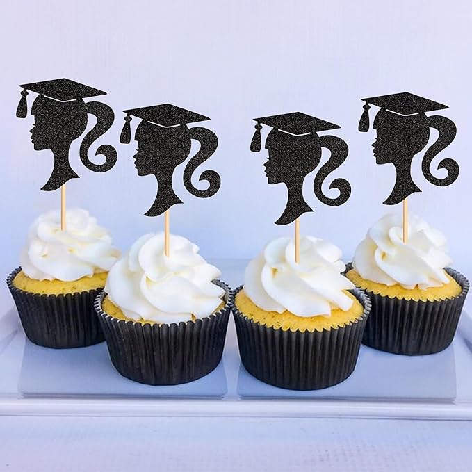 24pcs 2026 Black Female Student Graduation Cupcake Toppers Girls Graduate Silhouette Cupcake Picks 2026 Students Graduation Theme Party Cake Decorations Supplies