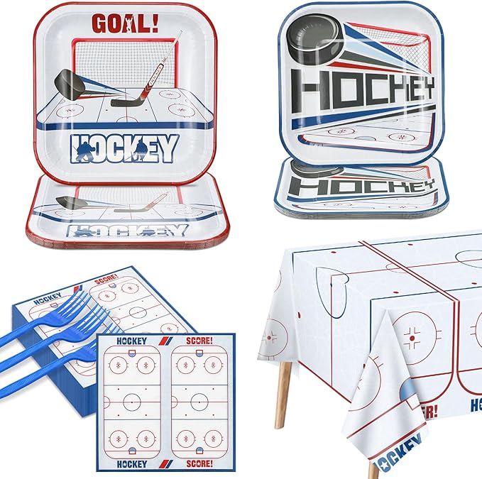 Hockey Birthday Decorations - 81Pcs Tableware Pack, Disposable Hockey Theme Plates, Napkins, Tablecloth for Kids Fans Sports Birthday Party Supplies, Serve 20