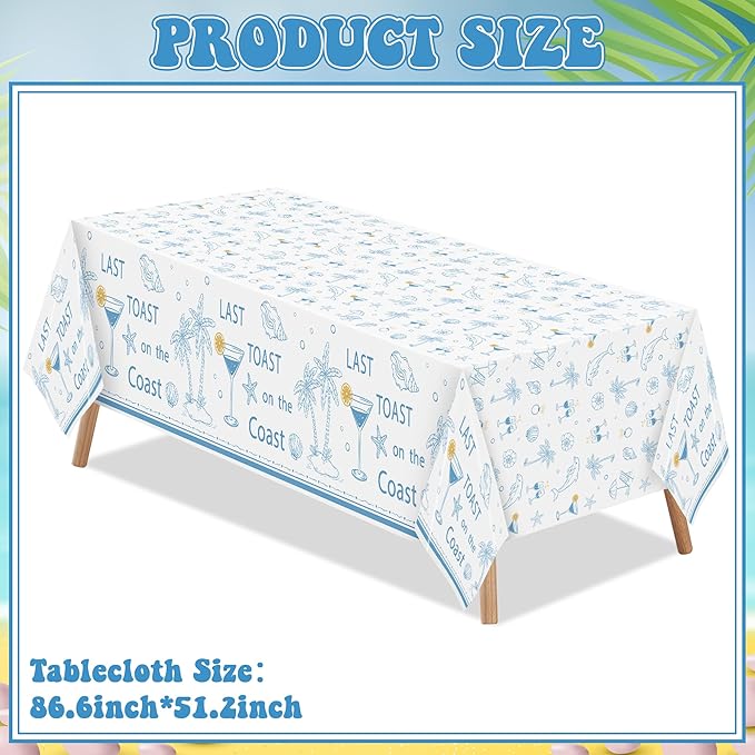 K1tpde 3PCS Last Toast On The Coast Bachelorette Party Tablecloth for Adult, Coastal Themed Blue Wine Cup Shell Starfish Plastic Tablecloth, Disposable Tablecover for Bachelorette Party Decorations