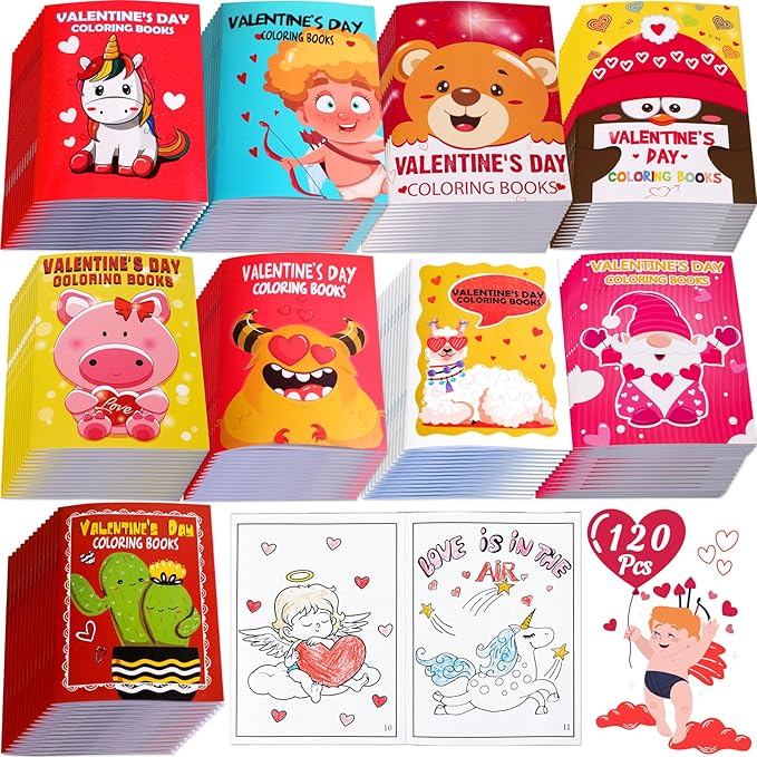 90shine 120PCS Valentines Day Mini Coloring Books Gifts for Kids Bulk, Valentine Crafts Goodie Bag Stuffers Exchange Classroom School Party Favors Holiday Class Activity Supplies