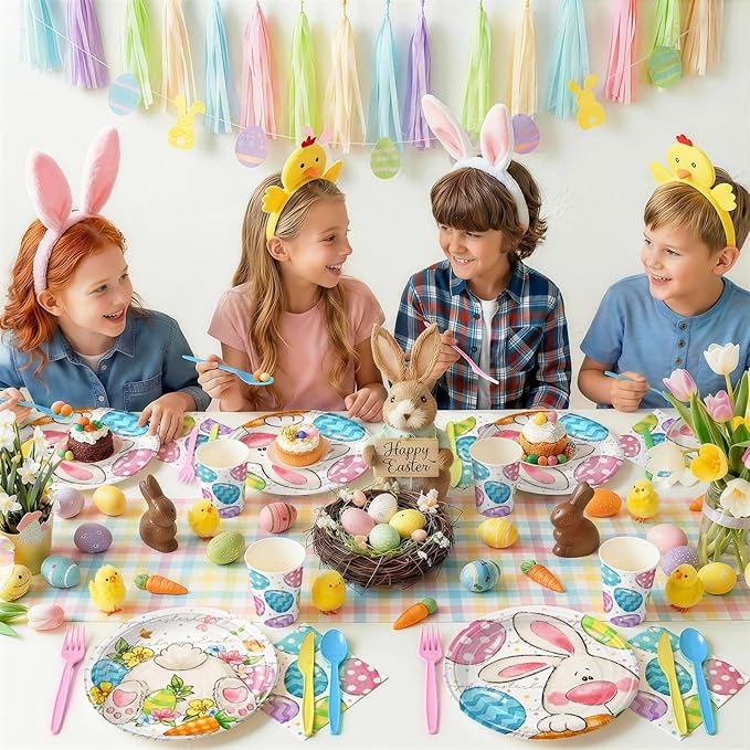 168PCS Easter Party Supplies Easter Egg Party Decorations Cartoon Bunny Paper Plates and Napkins Cups for Spring Themed Easter Birthday Party Serves 24