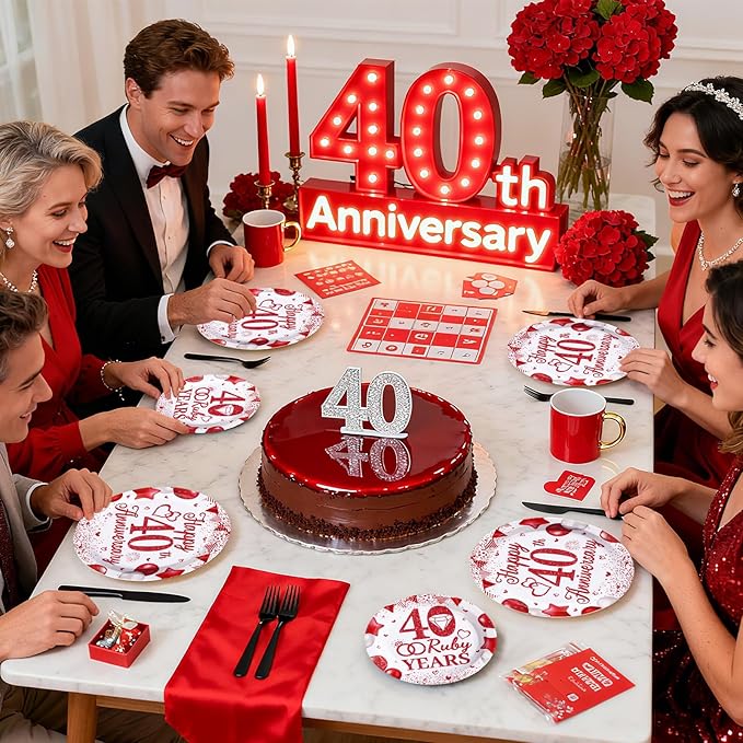 96Pcs 40th Wedding Anniversary Party Supplies Red Happy 40th Anniversary Plates and Napkins Ruby 40 Years Tableware Set for Men Women 40 Years Wedding Anniversaries Party Decorations Serves 24