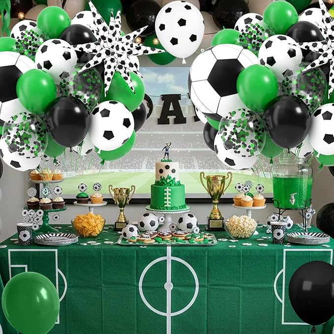 Football Balloons, 12 Inch Soccer Balloons with Green Black White Latex Soccer Printed Star Foil Balloons With Ribbons for Football Sport Theme Party Decorations Birthday Supplies