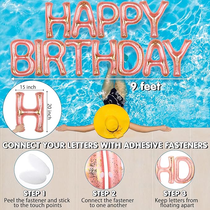 Shappy 20'' Happy Birthday Pool Large Floating Letter Balloons with Adhesive Dots Inflatable Pool Decorations for Summer Birthday Party