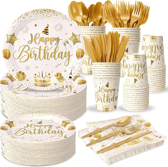Vesici 350 Pcs Happy Birthday Party Supplies Disposable Party Tableware Set Serves 50 Included Plates Napkins Cups Cutlery for Men Woman 50th 80th Birthday Party Decorations(White Gold)