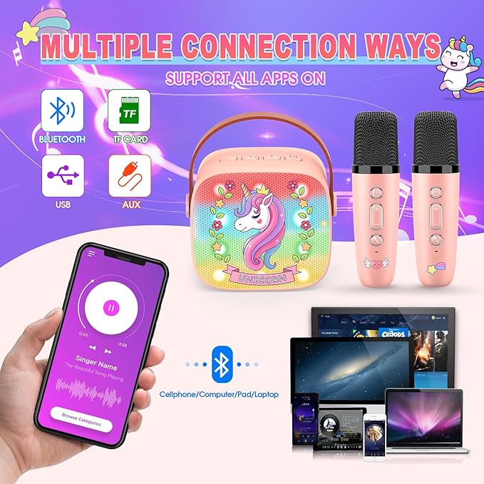 Unicorn Mini Karaoke Machine Toys: Kids Toys Girls Xmas Birthday Gifts Age 3-12+ Stocking Fillers LED Portable Bluetooth Speaker with 2 Wireless Microphone Gift Toy for 4 5 6 7 8 9 Years Old Girl Kid