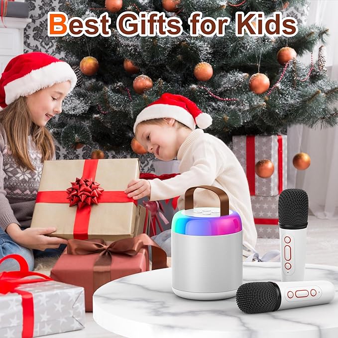 Karaoke Machine for Kids, Portable Bluetooth Speaker with 2 Wireless Microphones and LED Lights, Music Player Toys Gifts for Kids Ages 4, 5, 6, 7, 8, 9, 10+ Year Old Birthday Party (White)