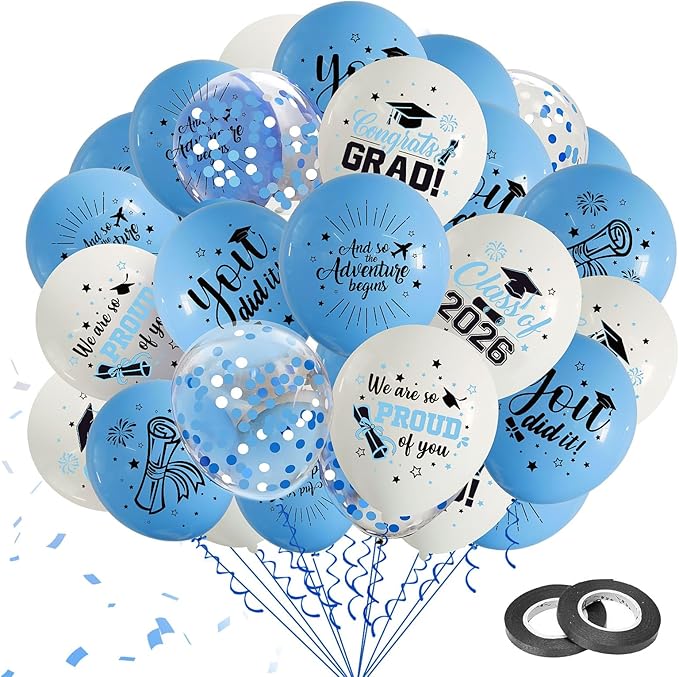 75Pcs Light Blue Graduation Balloons Decorations Class of 2026 Graduation Party Supplies with Grad Balloon Ribbons for Grad Party Decoration