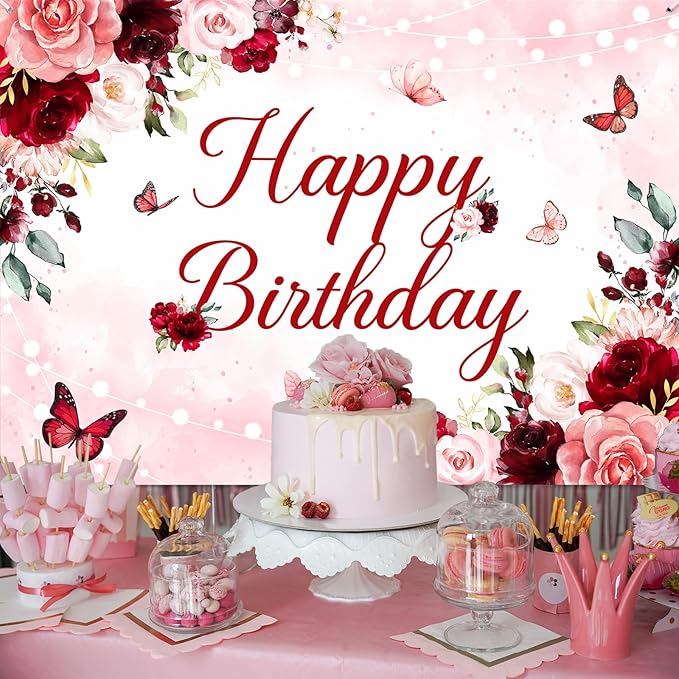 Avezano Floral Happy Birthday Banner for Women Girls Rose Gold Red Floral Birthday Party Decorations for Women Burgundy Flower B-day Party Supplies Banner (7x5ft)