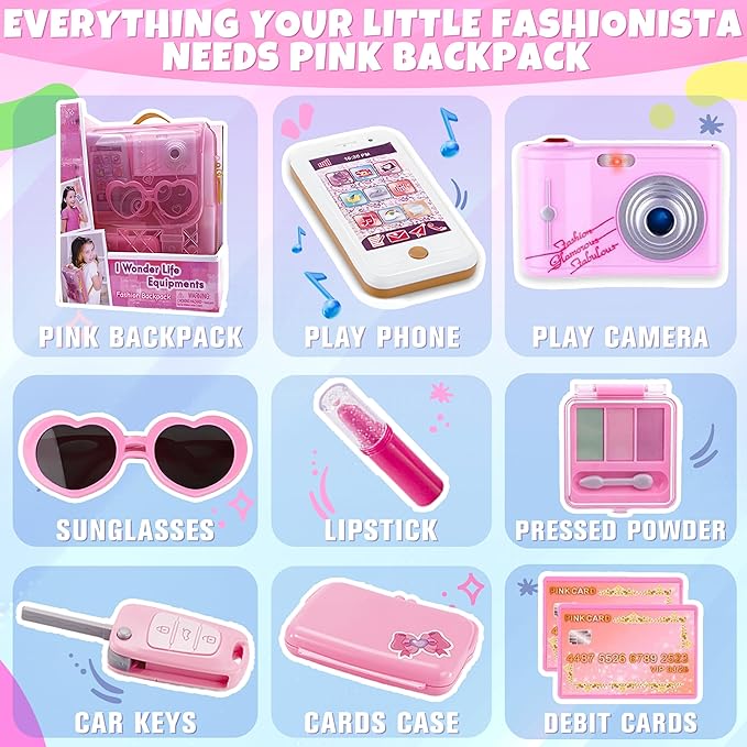 Toy Choi's Little Girls' Princess Pretend Play Set - Pink Backpack with Makeup Kit, Play Phone & Camera, Fashion Play Purse for Little Girls Ages 3-6 Years