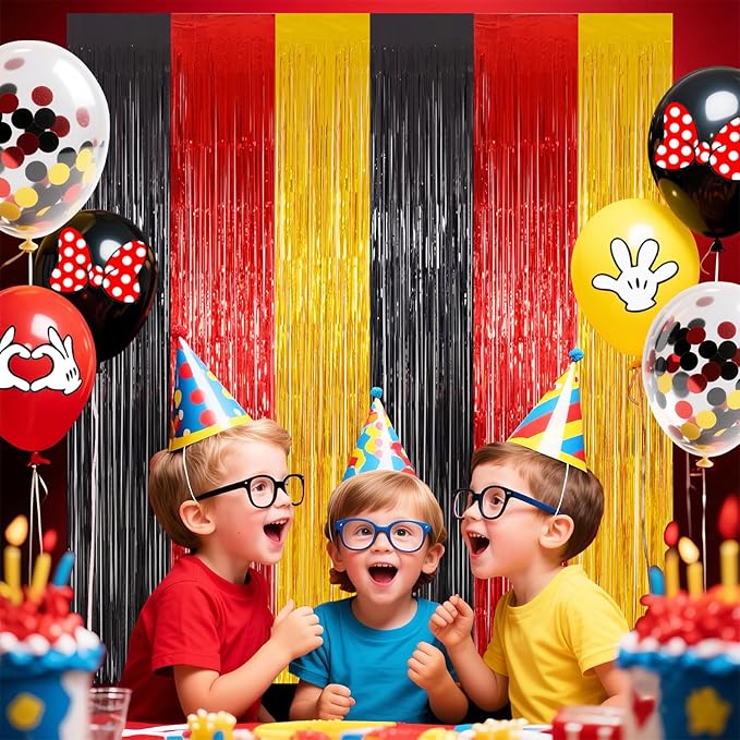 22Pcs Cartoon Mouse Birthday Decorations, Black Red Gold 3.3x8.2ft Tinsel Foil Fringe Curtains Banners and Cute Balloons for Anime Party Decorations Boys and Girls Party Supplies