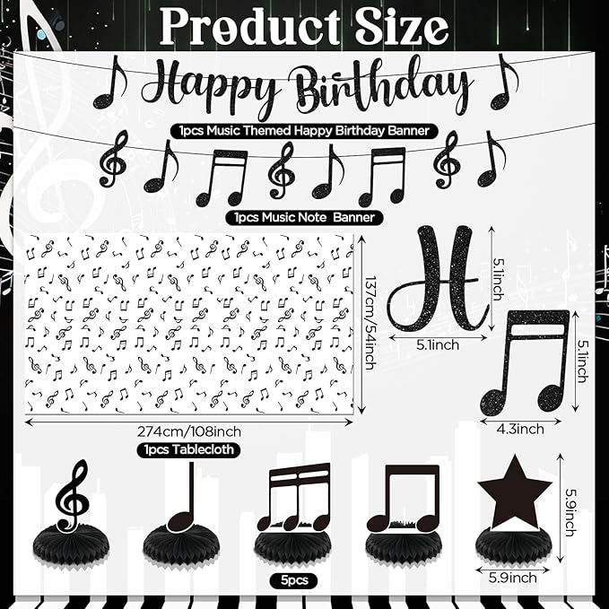 Music Party Decorations Black Musical Note Happy Birthday Bunting Banner Notes Tablecloth and 5Pcs Table Honeycomb Centerpieces Decor for Girls Kids Adults Music Themed Birthday Wedding Party Supplies