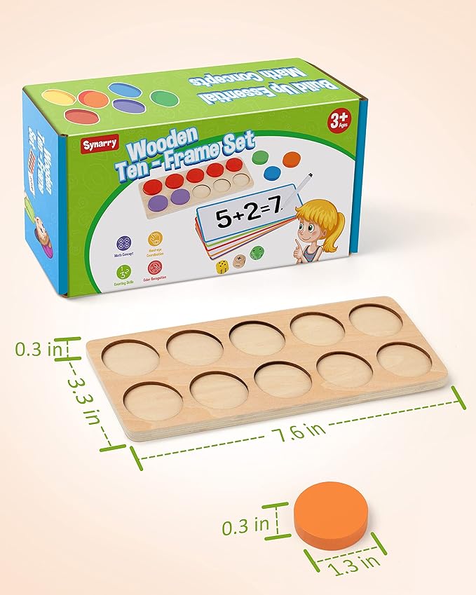 SYNARRY Wooden Ten-Frame Set Math Manipulatives for Kindergarten Elementary 1st 2nd Grade Homeschooling, Addition and Subtraction Montessori Math Games for Chirldren, Counters Toys for Kids Ages 3-8