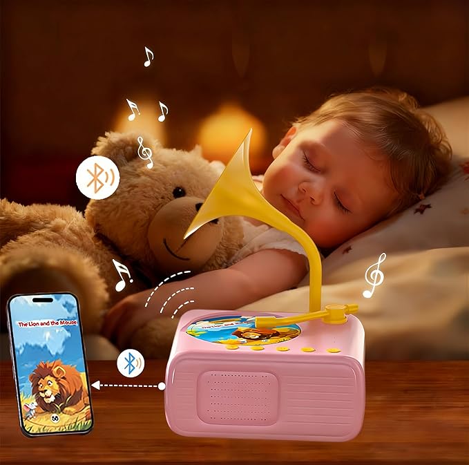 2026 New Kids Phonograph with 96 Audio Cards + 8 DIY Recordable Cards - Toddler Gramophone Record Player - Early Education Phonograph Story Machine-Bedtime Story Music Player (Pink)