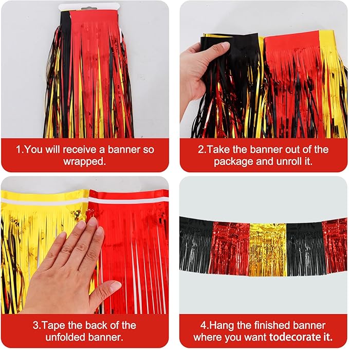 BEISHIDA 3 Packs Metallic Foil Fringe Garland Red Gold Black Wall Hanging Tinsel Fringe Banners for Car Floats Bridal Shower Wedding Birthday Graduation Holiday Party Decoration(30 Feet)