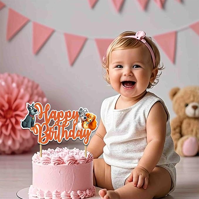 "Lady and the Trmp Happy Birthday Cake Topper – Inspired Theme Party Decoration for Girls and Adults – Glitter Cake Topper for Birthday Cake & Dog Theme Party Supplies, Cartoon Character Party Décor"