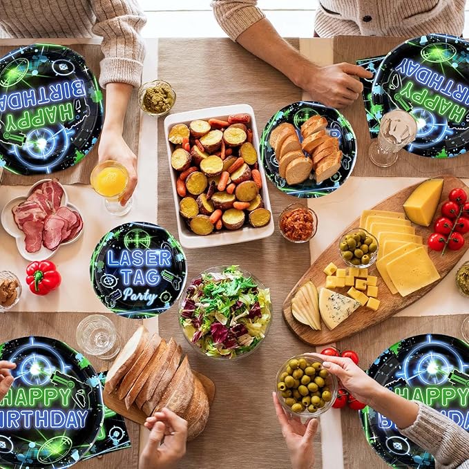 Grencian 96PCS Laser Tag Birthday Party Decorations Set - Green, Blue Laser Party Plates, Disposable, Serves 24