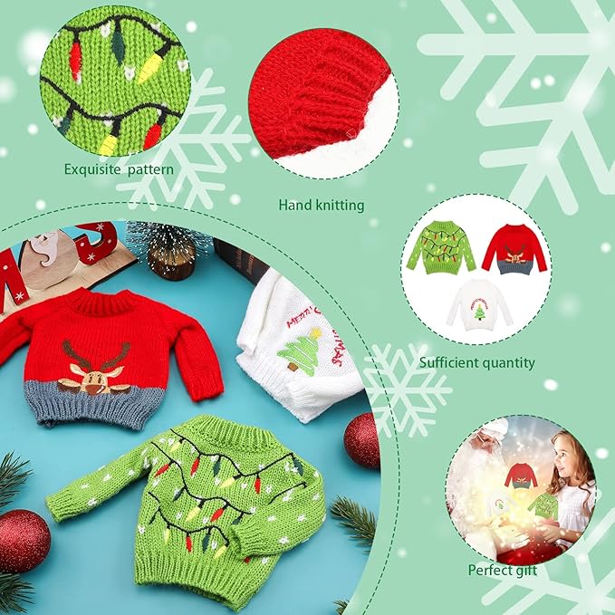 Aoriher 3 Pcs Christmas Doll Clothes Christmas Accessories Outfit Small Sweater Set Knitted Clothing Elk Xmas Santa Tree Snowflake Xmas Doll Accessories(Cute Style)