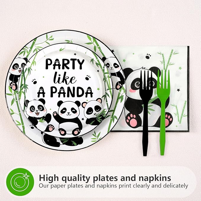 96 Pcs Panda Birthday Decorations Party Like a Panda Paper Plates and Napkins Green Bamboo Animal Themed Tableware Sets for Kids Birthday Baby Shower Newborn Party Supplies Serves 24