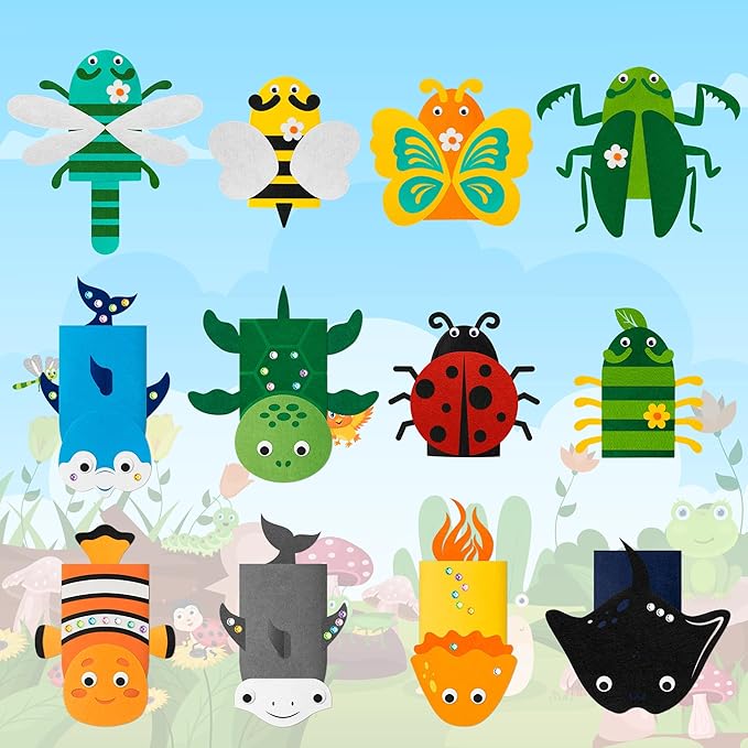 WATINC 12Pcs Hand Puppet Making Kit, Art Craft Felt Sock Puppet Toys, Creative DIY Make Your Own Pompoms Wiggle Googly Eyes Storytelling Role Play Party Supplies Gift for Girls Boys (Insect A Ocean A)
