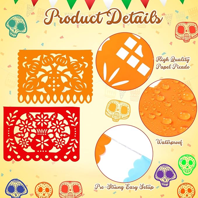 Boao 8 Packs 120 Feet Cinco De Mayo Party Decorations Mexican Banner Fiesta Plastic Papel Picado Banner Garland Dia De Los Muertos Day of The Dead Hanging Decor Mexican Fiesta Birthday Party Supplies