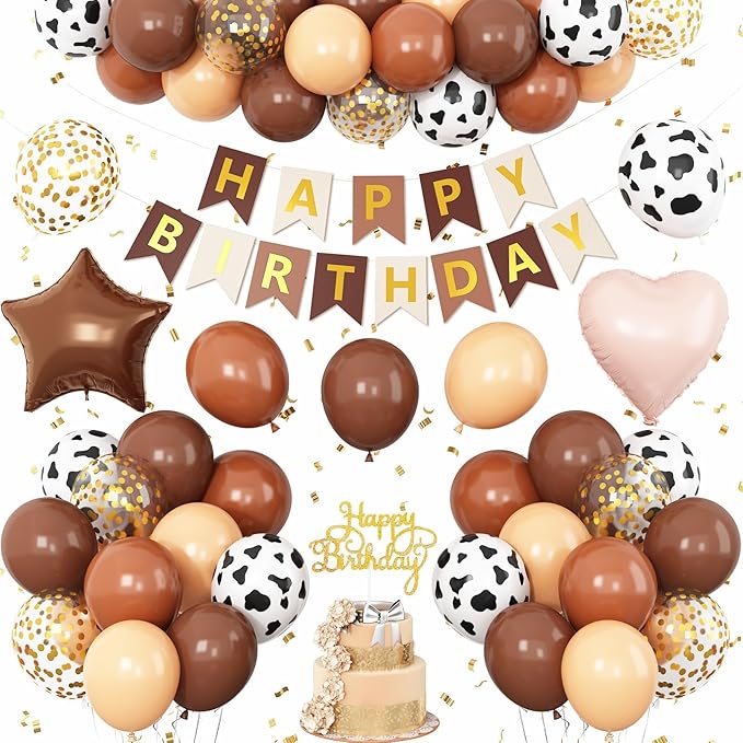 Western Cowboy Birthday Decorations,Brown Nude Gold Cow Print Balloons Banner Star Heart Foil Balloon for Farmhouse Baby Shower Birthday Party