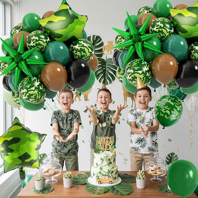 Camo Balloons, 12 Inch Green and Brown Party Balloons Camouflage Party Decoration with Star Foil Balloon for Hunting Camping Game Jungle Theme Camo Birthday Party Decorations