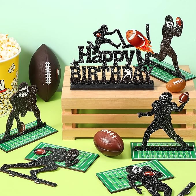 Geetery 7 Pcs Football Party Table Decoration Wooden Football Table Centerpiece Sport Player Silhouette Birthday Sign Centerpieces for Sport Birthday Party Supplies