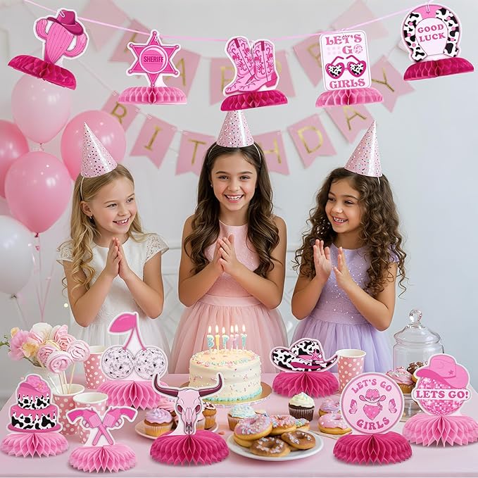 12 PCS Cowgirl Birthday Party Decorations Disco Cowgirl Bachelorette Party Decorations Let's Go Girls Honeycomb Centerpiece Table Decorations for Last Rodeo Bachelorette Western Party Supplies