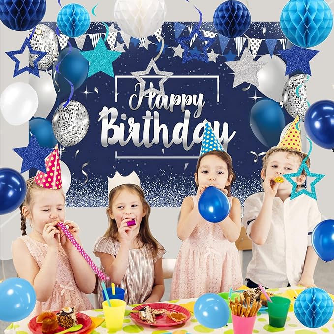Blue Happy Birthday Decorations, 41 Pack Happy Birthday Banner, Balloons, Backdrop, Hanging Swirl, Honeycomb Ball and Circle Dot Garland Supplies for Birthday Party